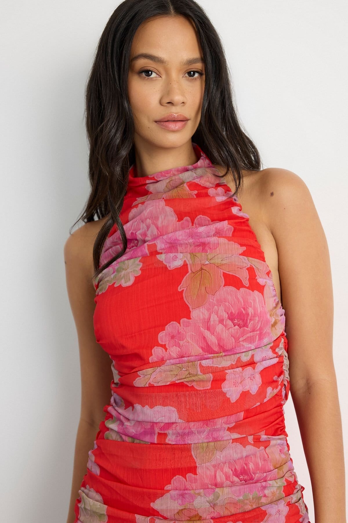 Warehouse Warehouse Women's Floral Print Halterneck Asymmetric Hem Ruffle Dress in Red - 4