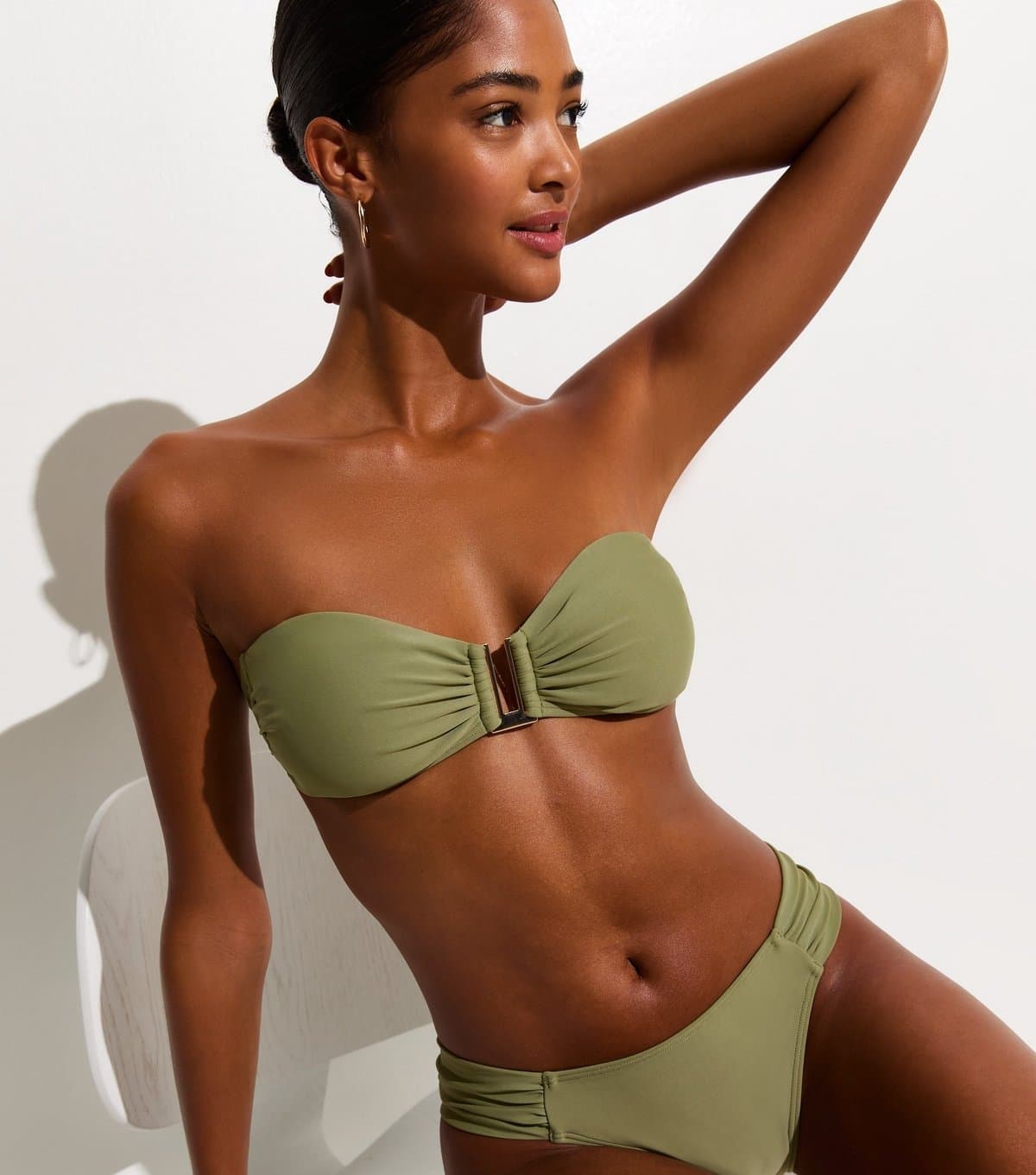 New Look Women's Light Green Ruched U Ring Bandeau Bikini Top New Look