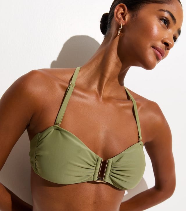 New Look Women's Light Green Ruched U Ring Bandeau Bikini Top New Look - 2