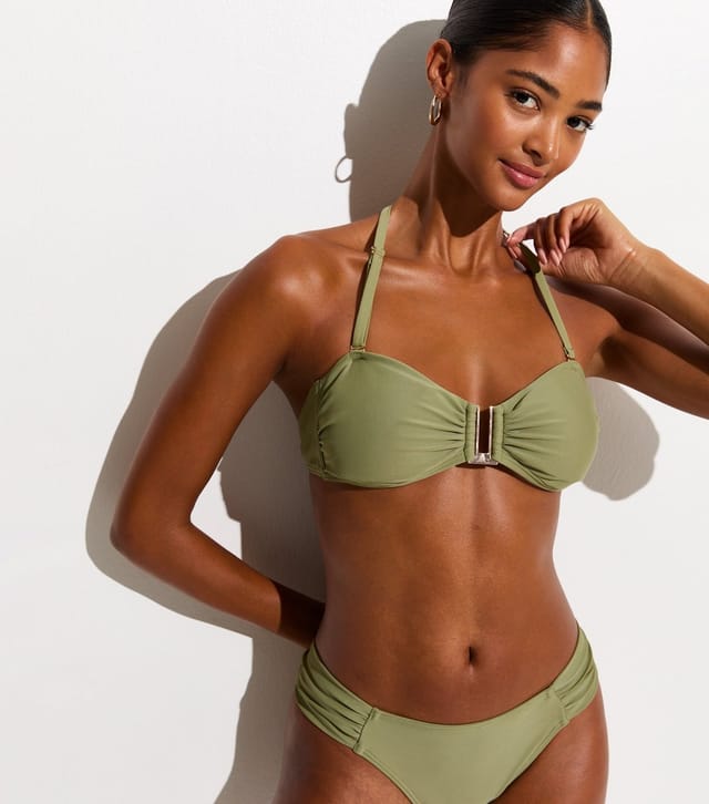 New Look Women's Light Green Ruched U Ring Bandeau Bikini Top New Look - 3