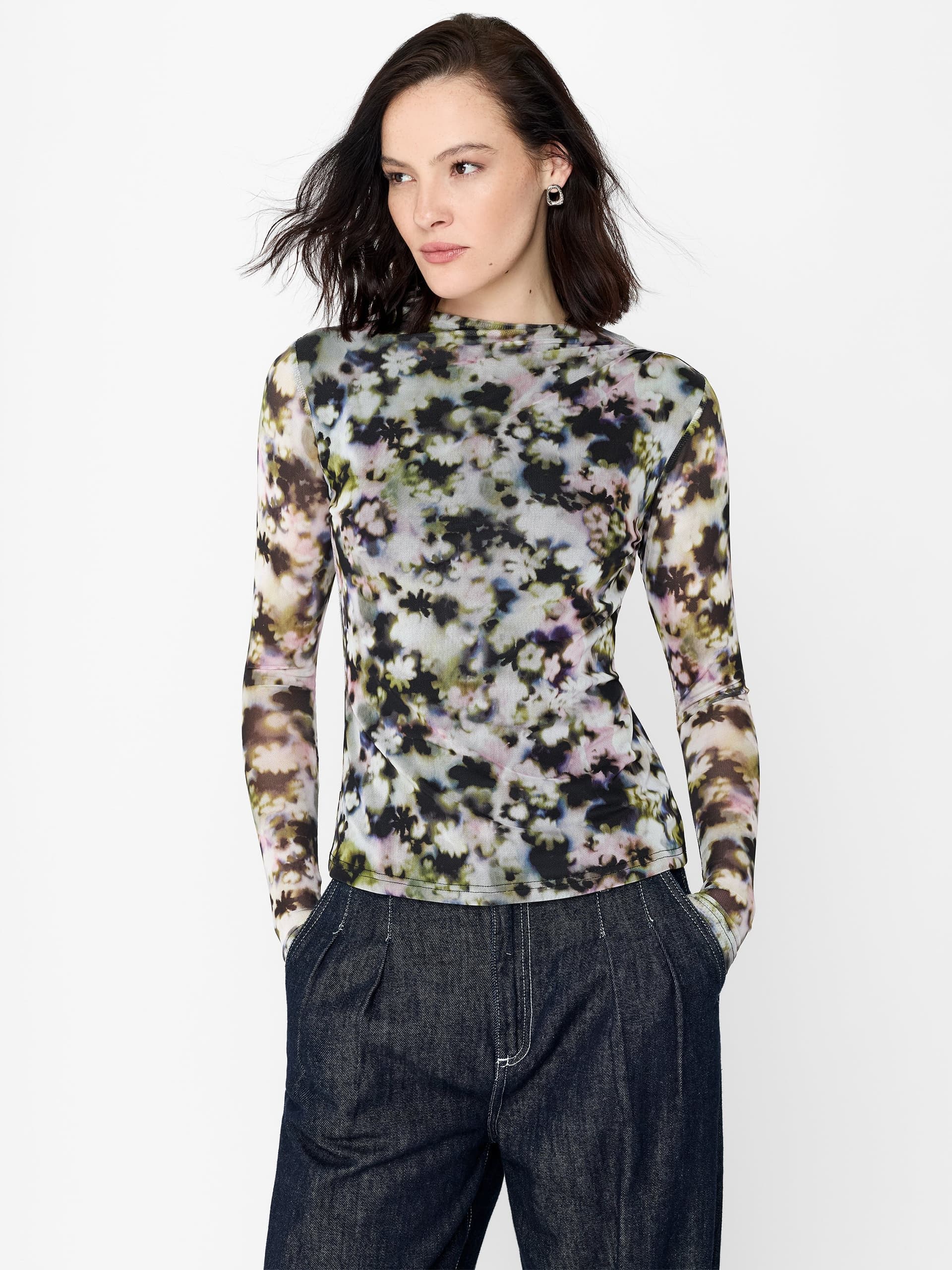 French Connection Marcy Floral Print Mesh Long Sleeve Top Olive Multi