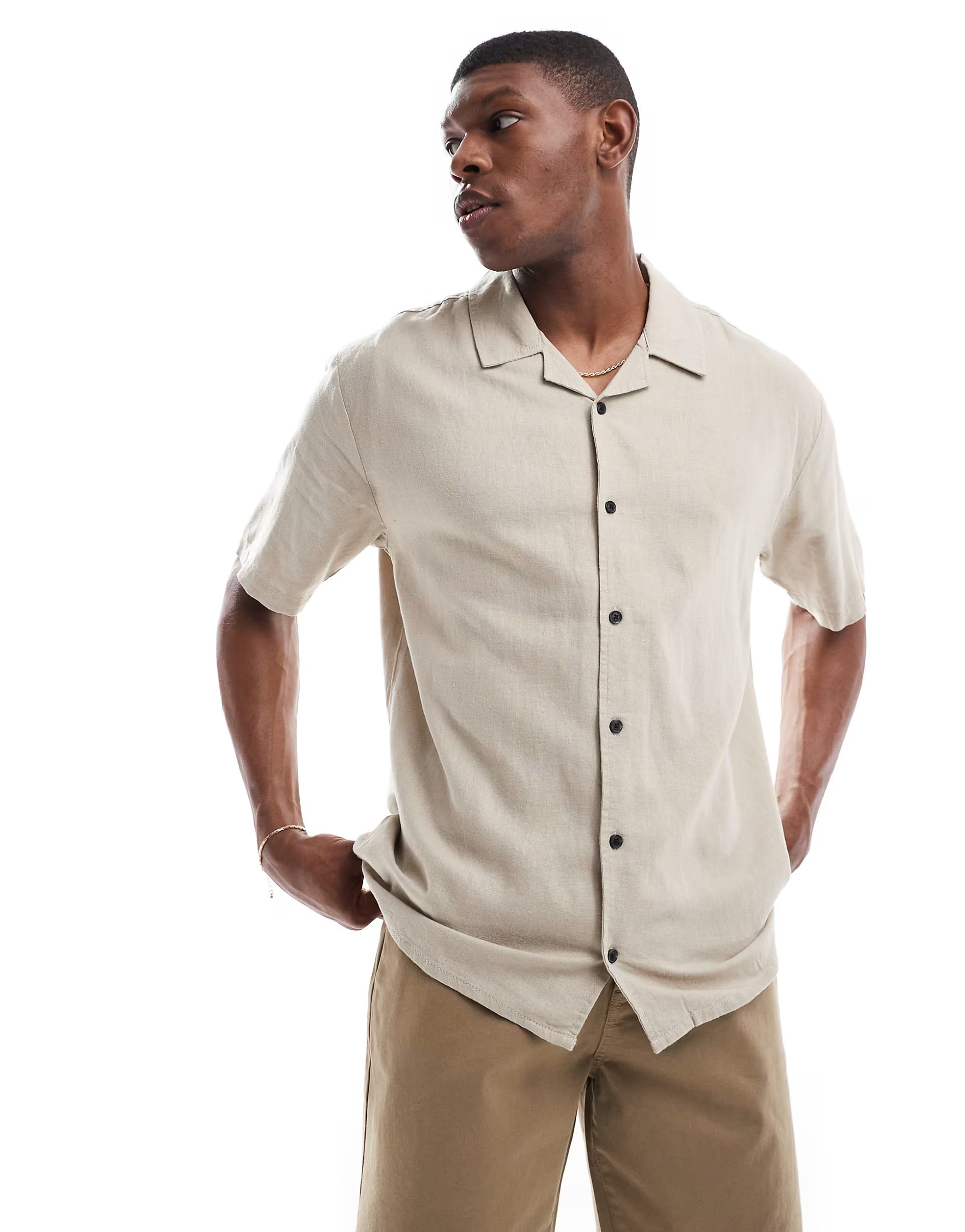 ASOS Threadbare linen rich short sleeve revere collar shirt in stone - 1