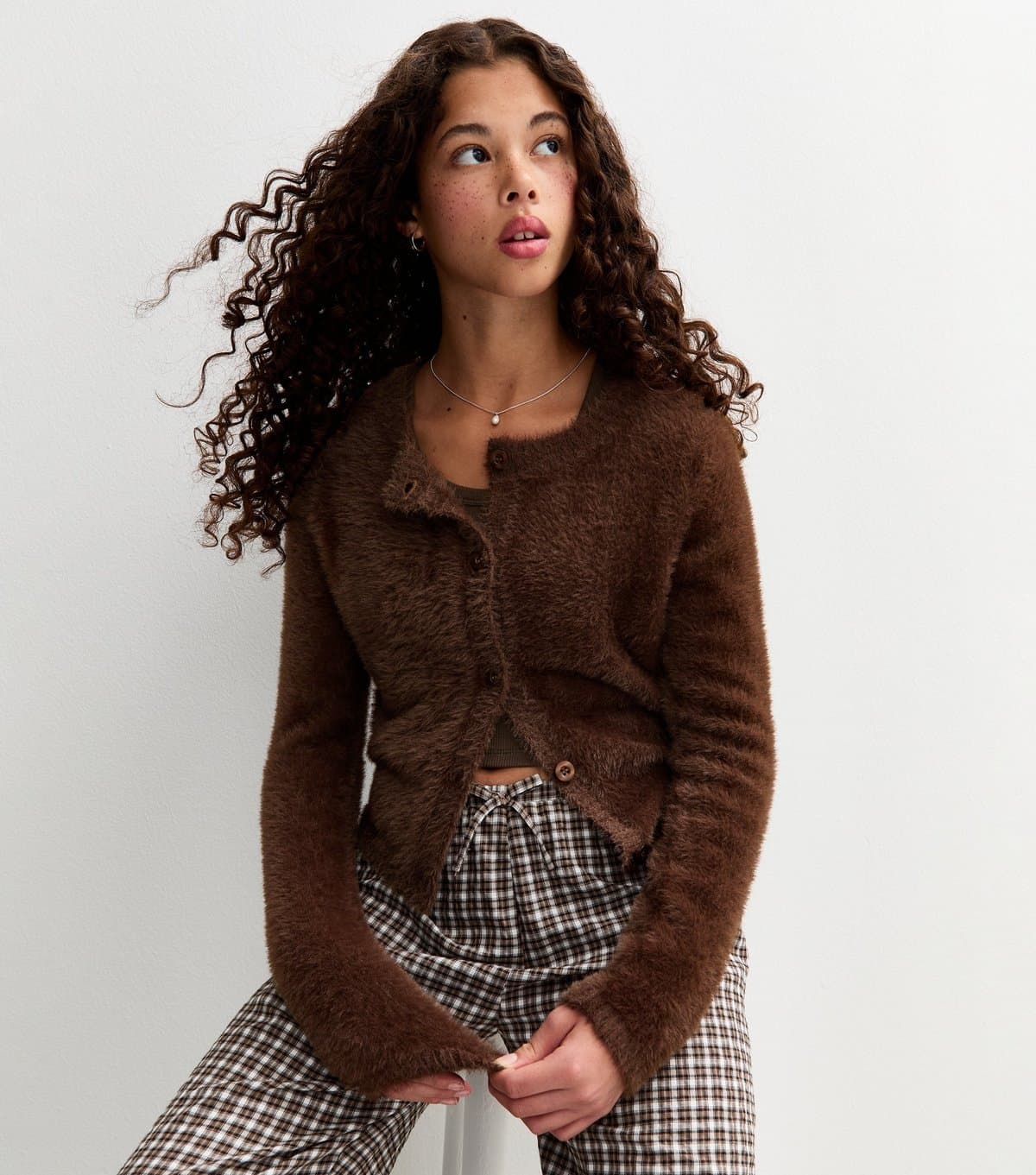 New Look Girls' Brown Fluffy Crew Neck Cardigan New Look