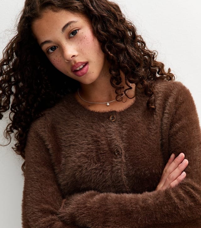 New Look Girls' Brown Fluffy Crew Neck Cardigan New Look - 2