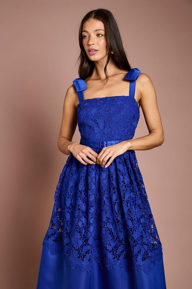 Coast Coast Women's Bow Shoulder Square Neck Lace Midi Dress in Cobalt - 2