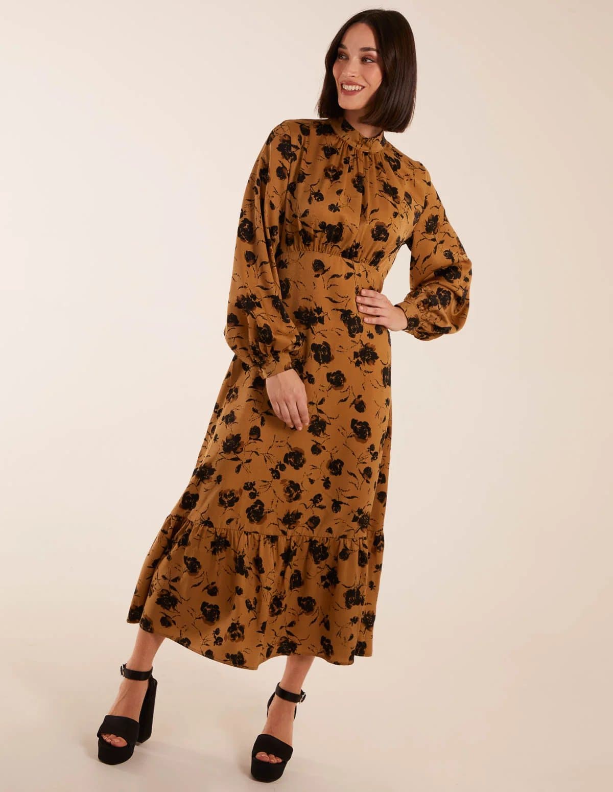 Blue Vanilla High Neck Midi Dress With Tiered Skirt and Puff Long Sleeve