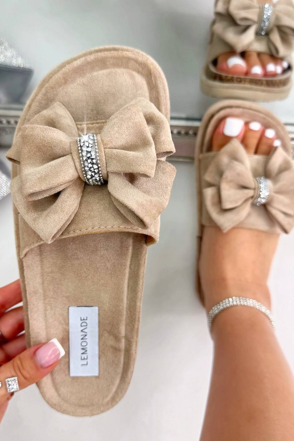 Love Lemonade Love Lemonade Women's Sparkly Velvet Bow Platform Sliders in Beige - 2