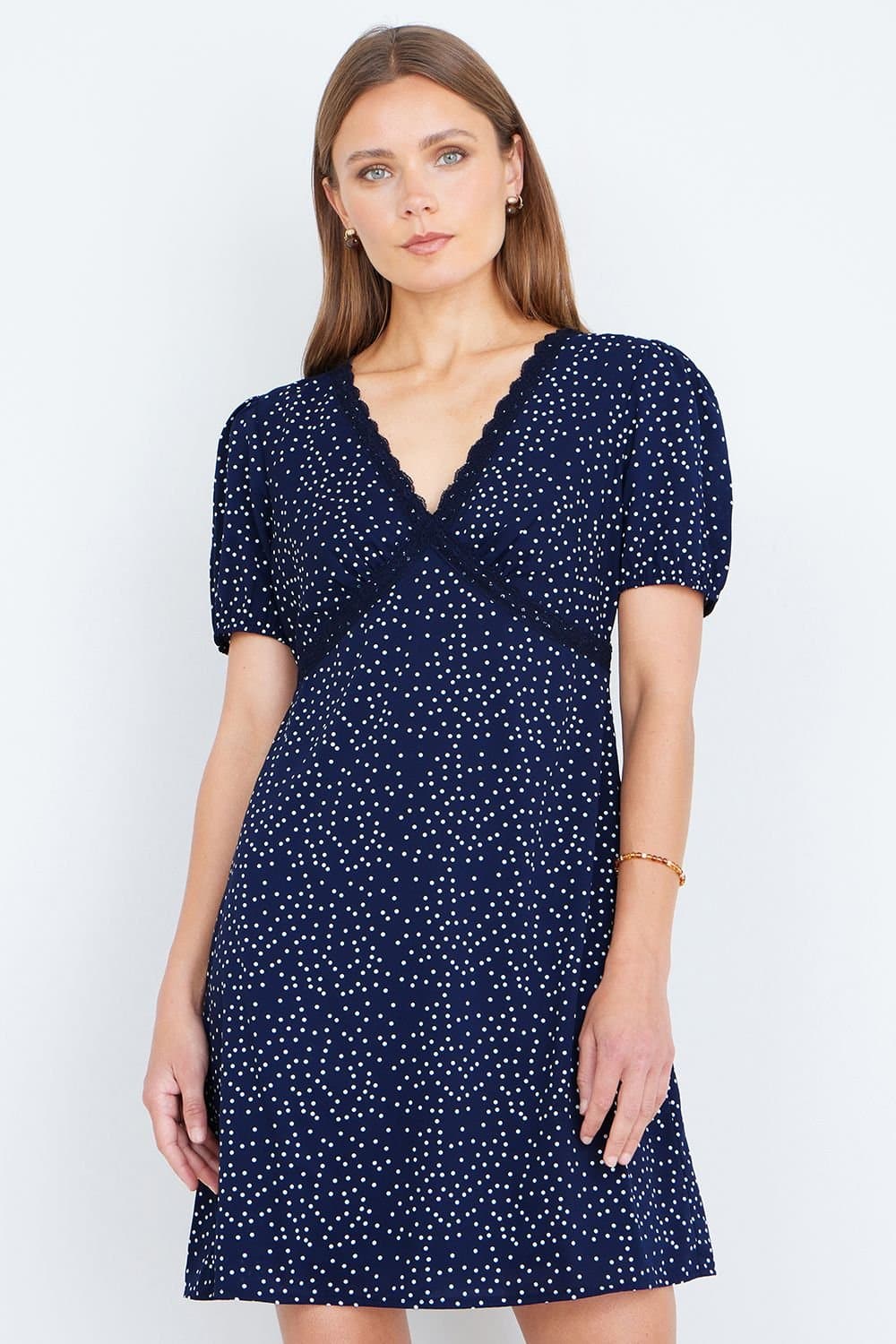 Yumi Yumi Women's Navy Spot Print Lace Trim Skater Dress