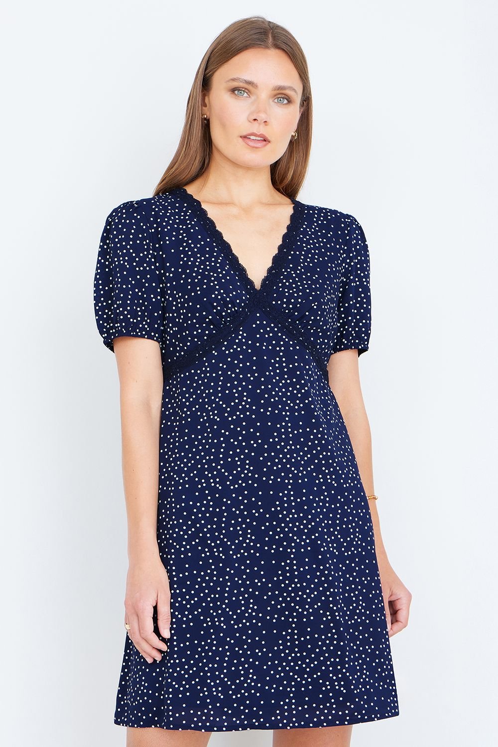 Yumi Yumi Women's Navy Spot Print Lace Trim Skater Dress - 2