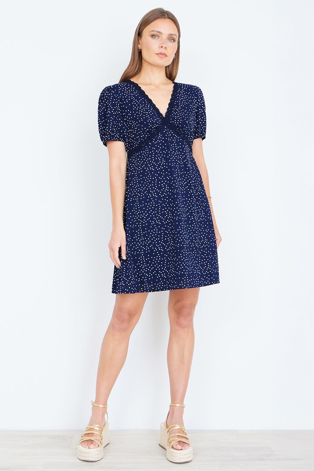 Yumi Yumi Women's Navy Spot Print Lace Trim Skater Dress - 3