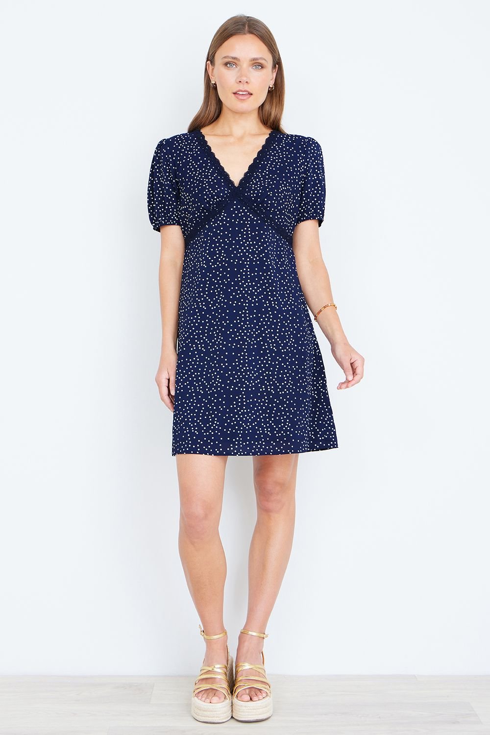 Yumi Yumi Women's Navy Spot Print Lace Trim Skater Dress - 4