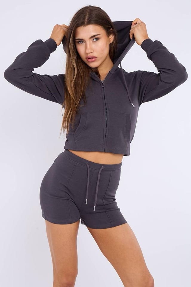 STYLEWISE STYLEWISE Women's Zipped Hooded Crop Top & Seam Detail Shorts Fleece Co-ord in Charcoal - 3