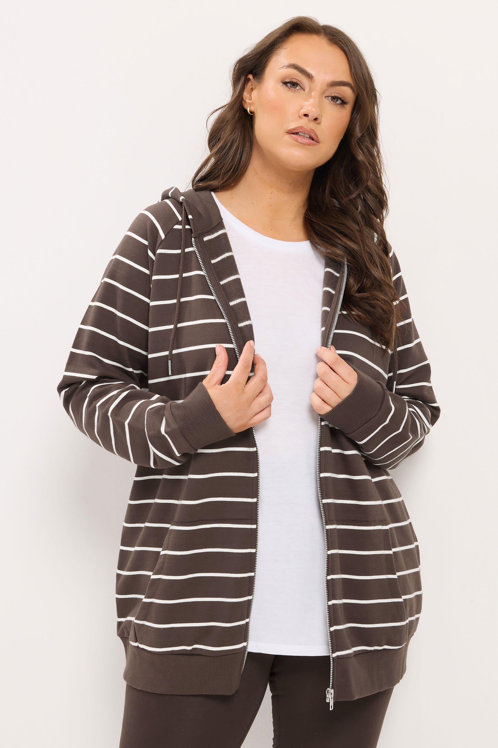 Yours Plus Size Chocolate Brown Stripe Zip Through Hoodie