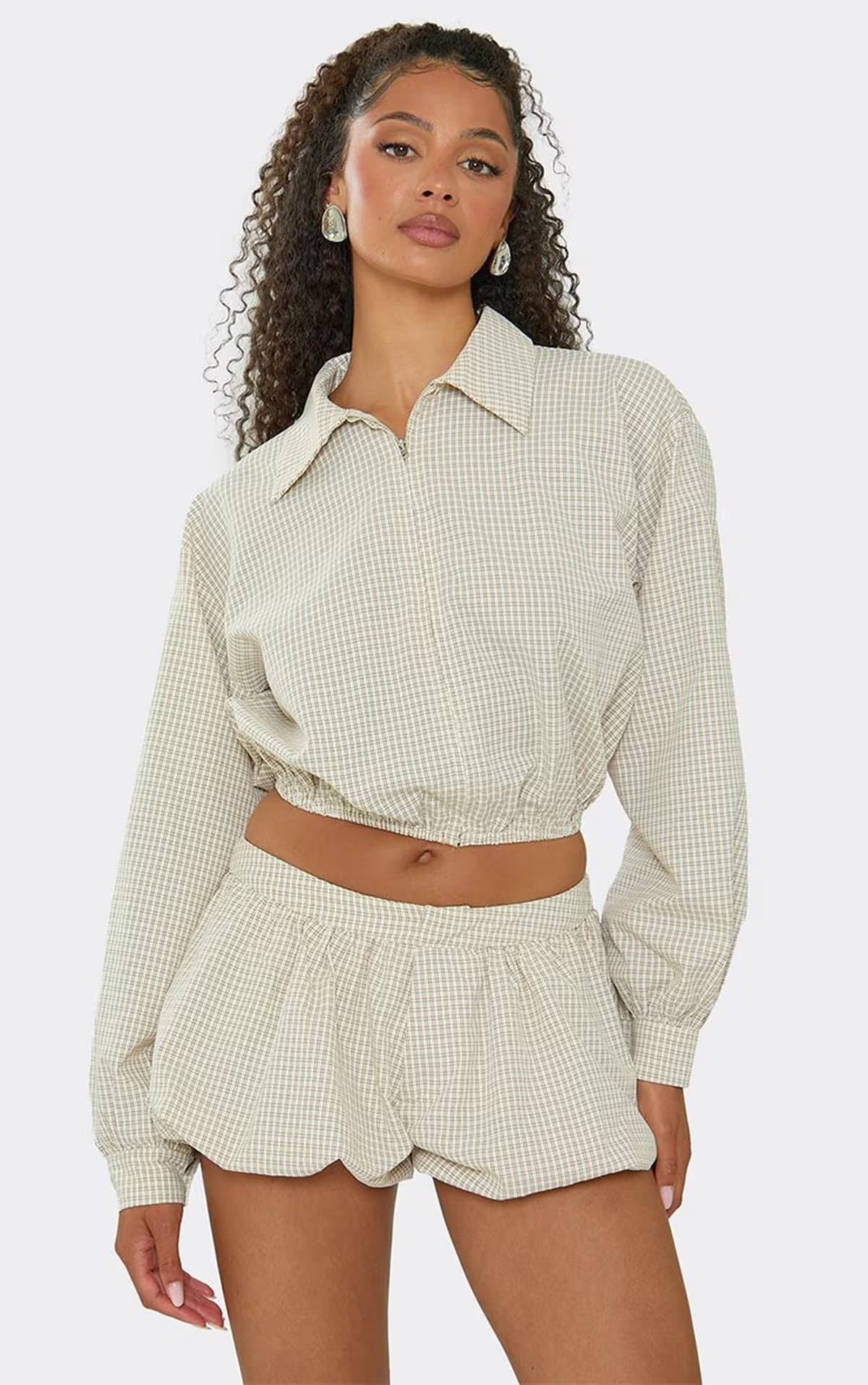 EGO Long Cuffed Sleeve Collared Puffball Jacket In Stone Check Print, Women's Size UK 6