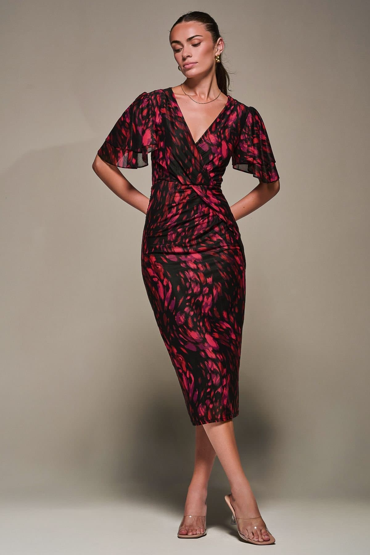 Jolie Moi Jolie Moi Women's Print Mesh Angel Sleeve Bodycon Midi Dress in Black