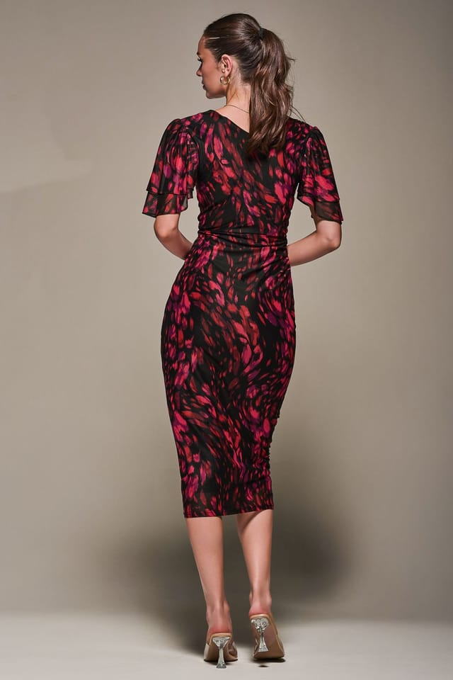 Jolie Moi Jolie Moi Women's Print Mesh Angel Sleeve Bodycon Midi Dress in Black - 2