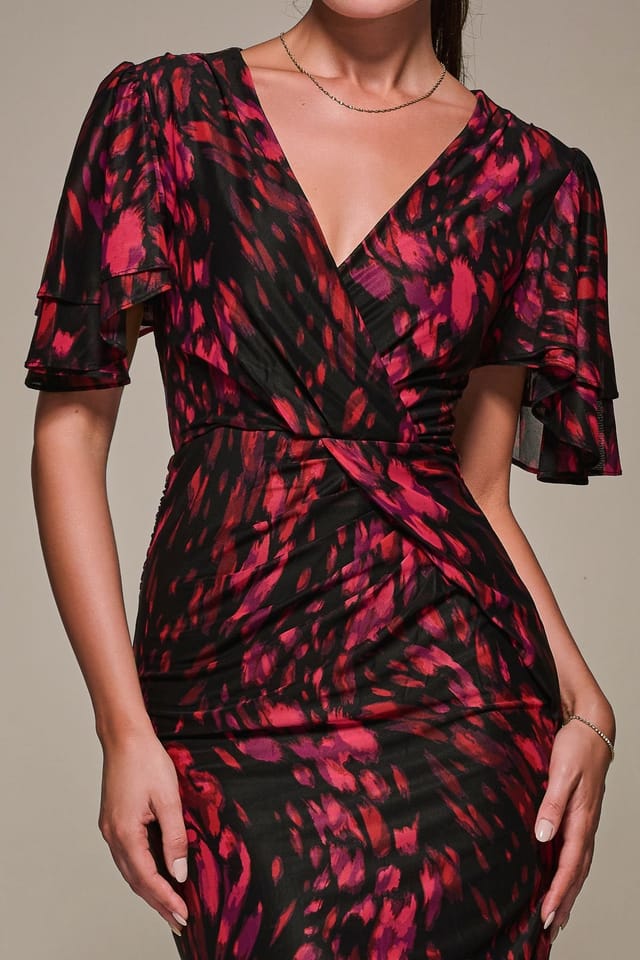 Jolie Moi Jolie Moi Women's Print Mesh Angel Sleeve Bodycon Midi Dress in Black - 3