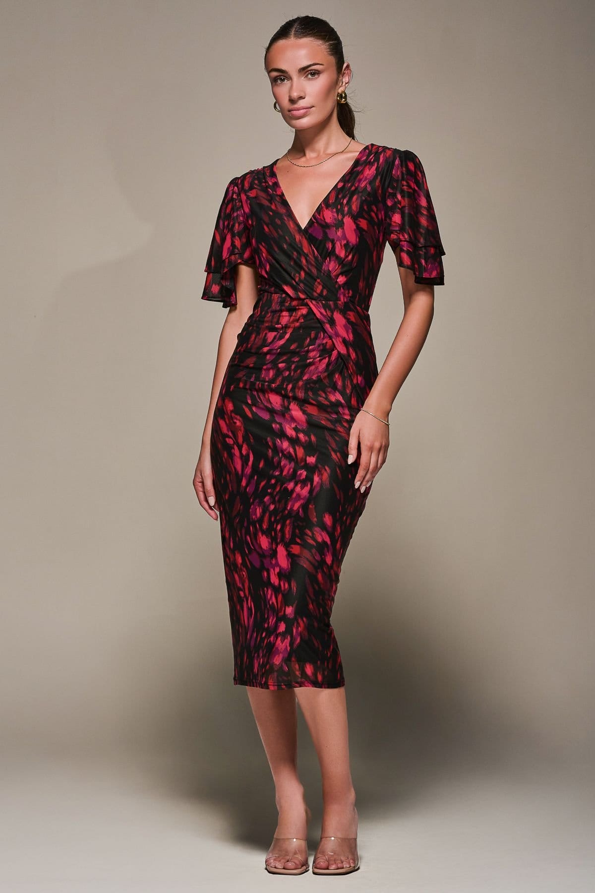 Jolie Moi Jolie Moi Women's Print Mesh Angel Sleeve Bodycon Midi Dress in Black - 4