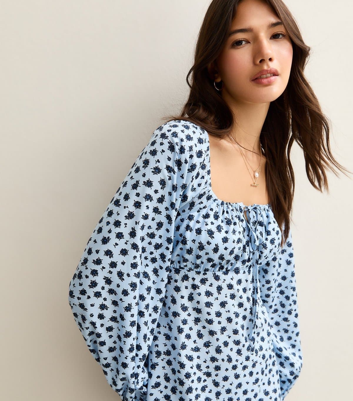 New Look Women's Blue Long Sleeve Floral Print Milkmaid Mini Dress New Look