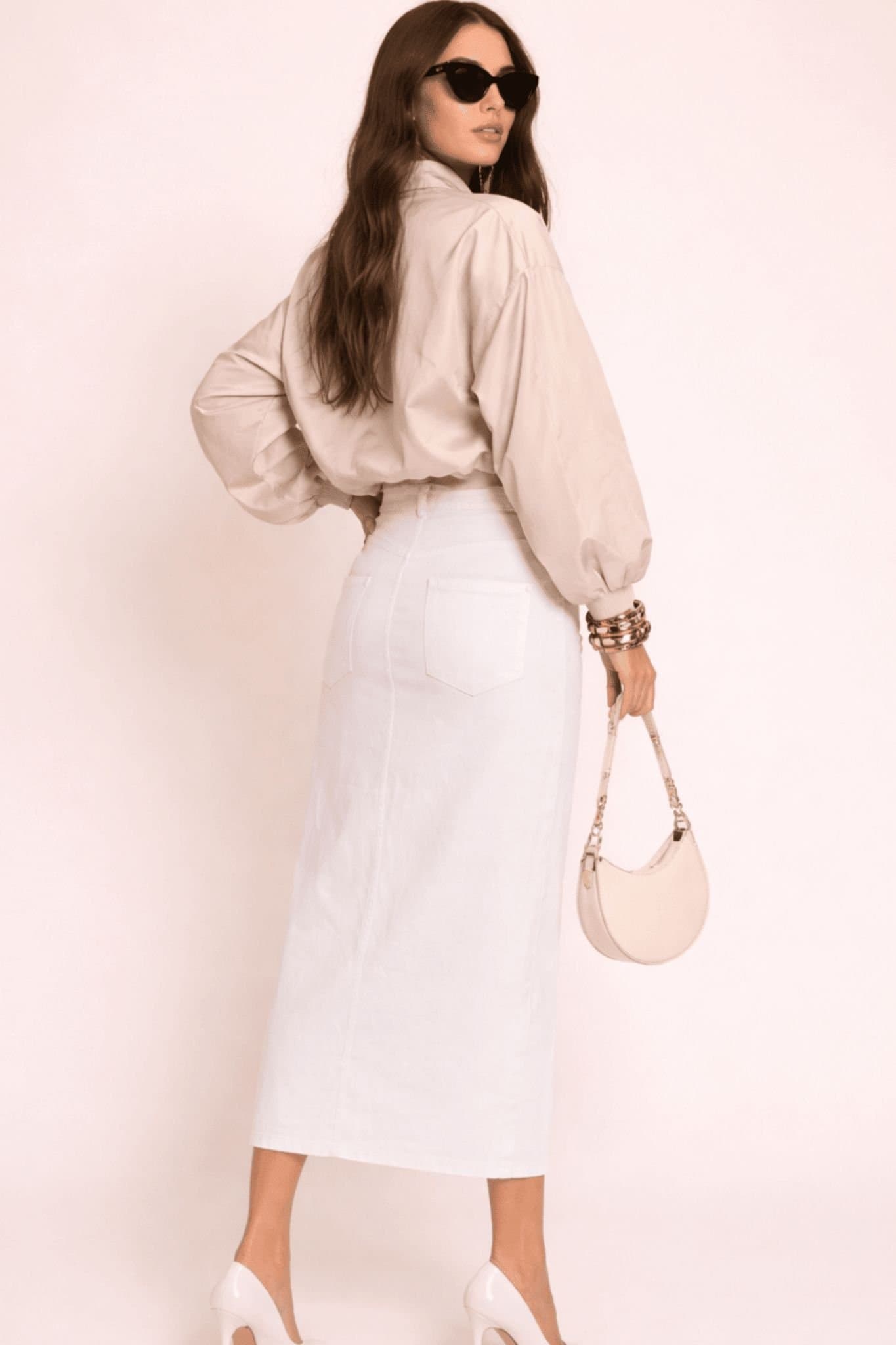 Style Cheat Style Cheat White Twill Midi Denim Skirt