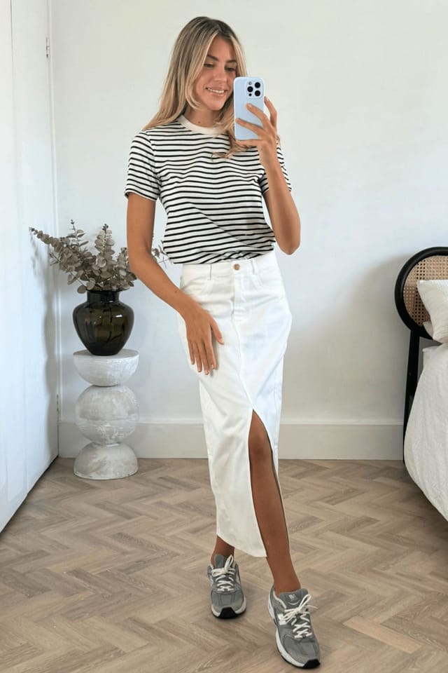 Style Cheat Style Cheat Women's Piper Midi Twill White Denim Skirt - 2