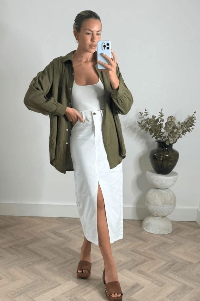 Style Cheat Style Cheat Women's Piper Midi Twill White Denim Skirt - 3