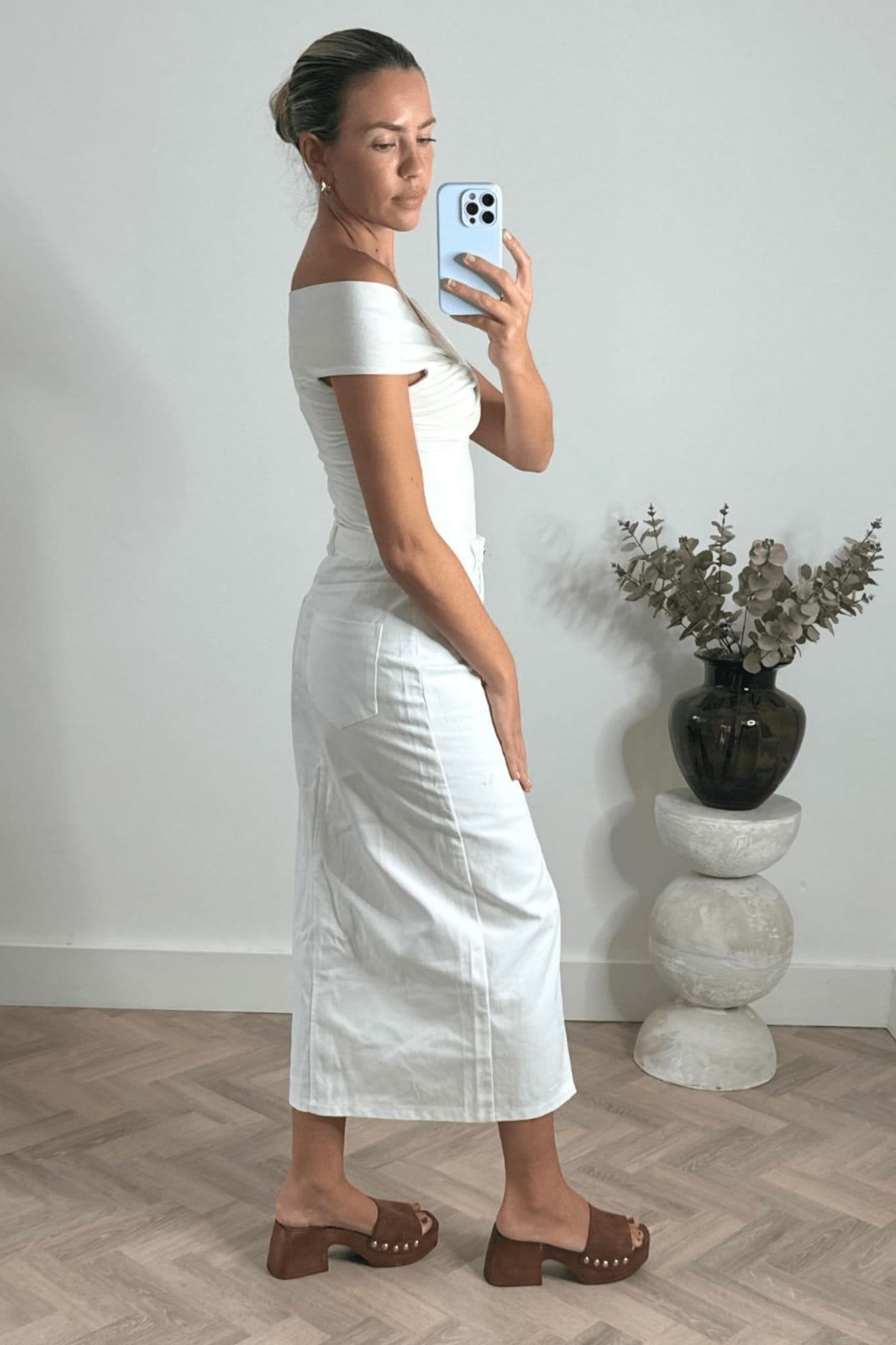 Style Cheat Style Cheat Women's Piper Midi Twill White Denim Skirt - 4