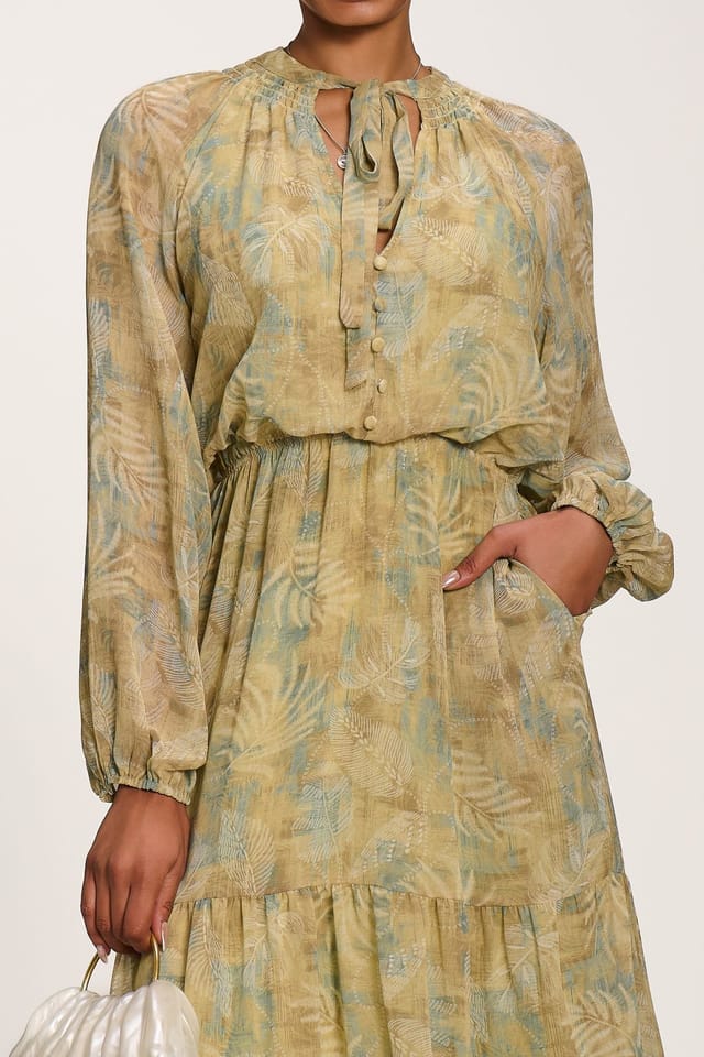 Jolie Moi Jolie Moi Women's Chiffon Tie Neckline Maxi Dress in Olive - 3