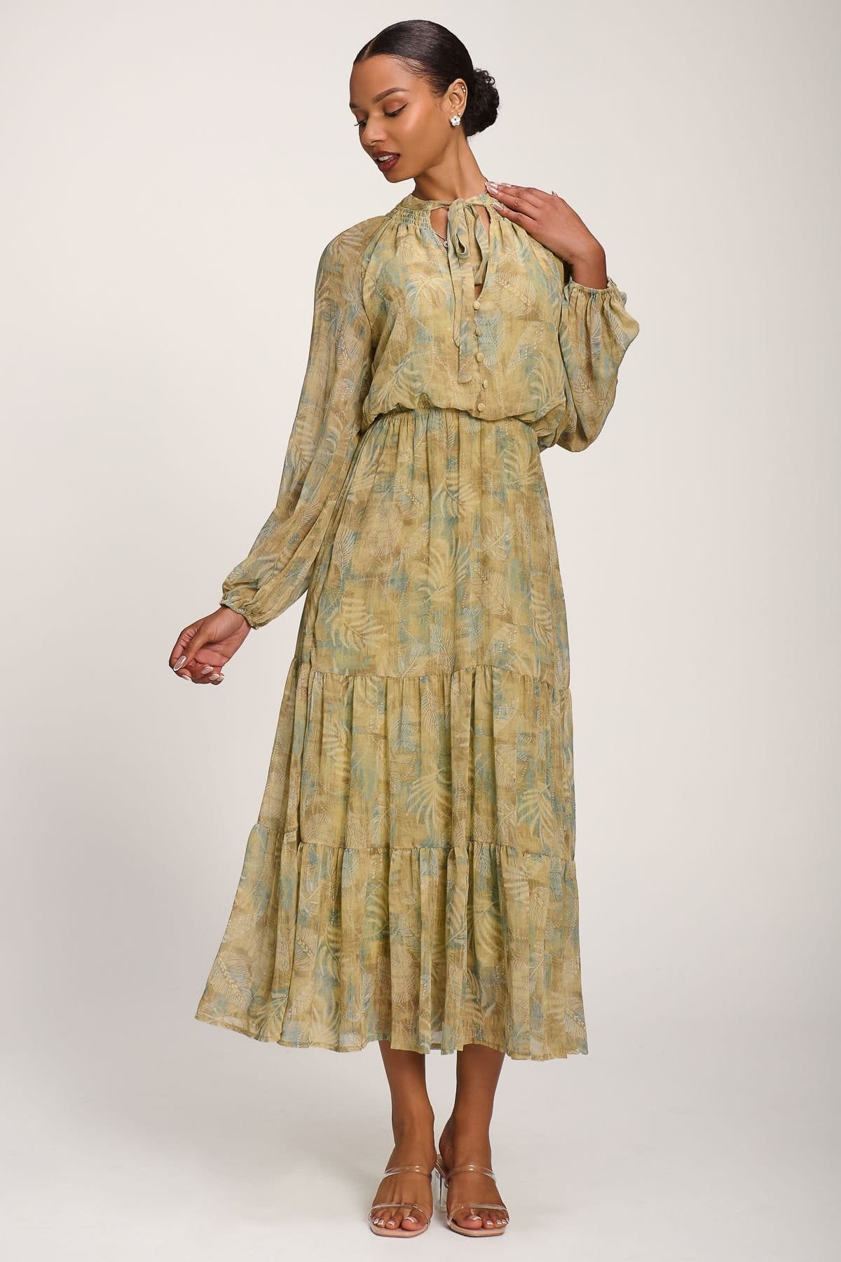 Jolie Moi Jolie Moi Women's Chiffon Tie Neckline Maxi Dress in Olive - 4