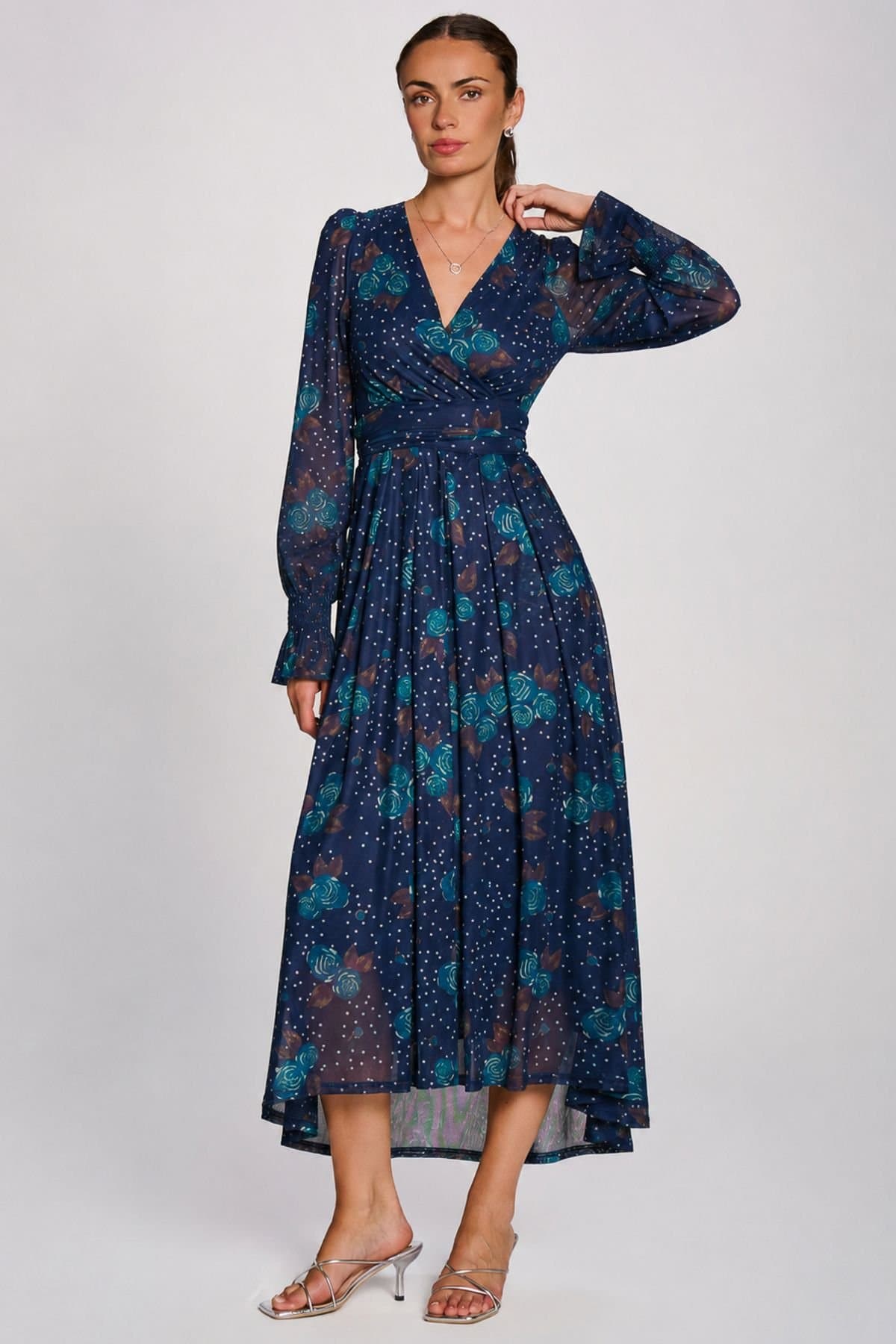 Jolie Moi Jolie Moi Women's Long Sleeve Maxi Mesh Dress in Mid Navy