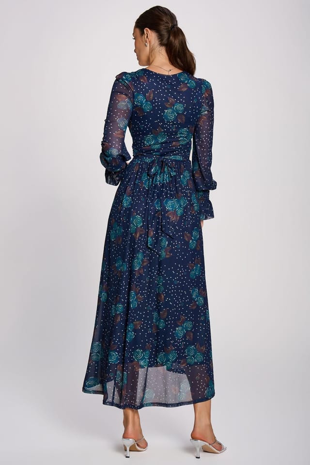 Jolie Moi Jolie Moi Women's Long Sleeve Maxi Mesh Dress in Mid Navy - 2