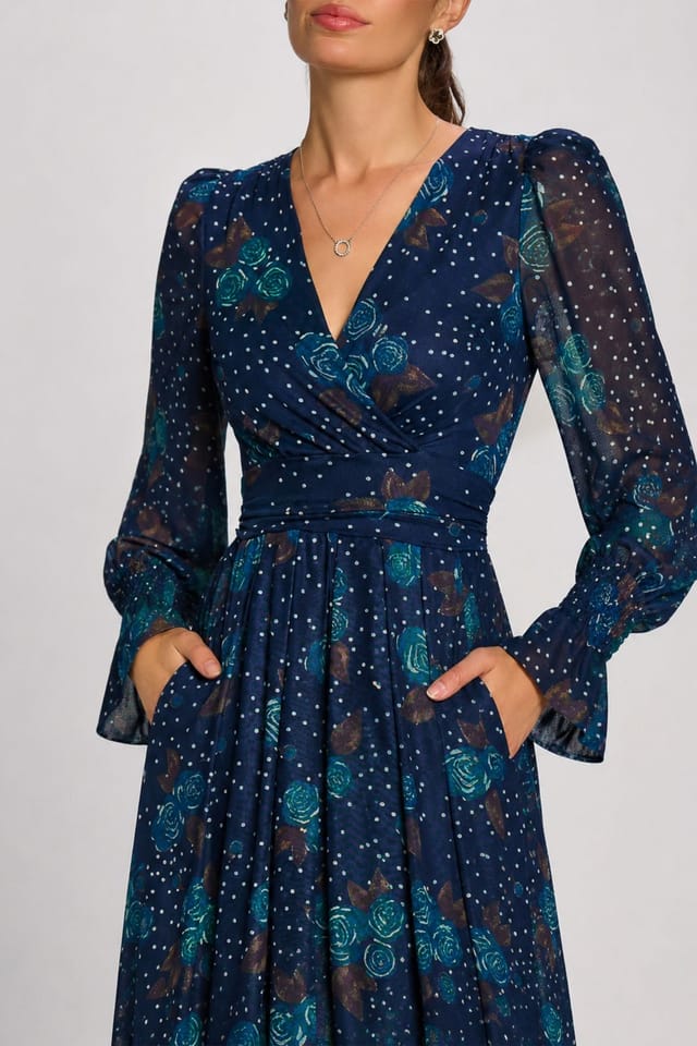 Jolie Moi Jolie Moi Women's Long Sleeve Maxi Mesh Dress in Mid Navy - 3