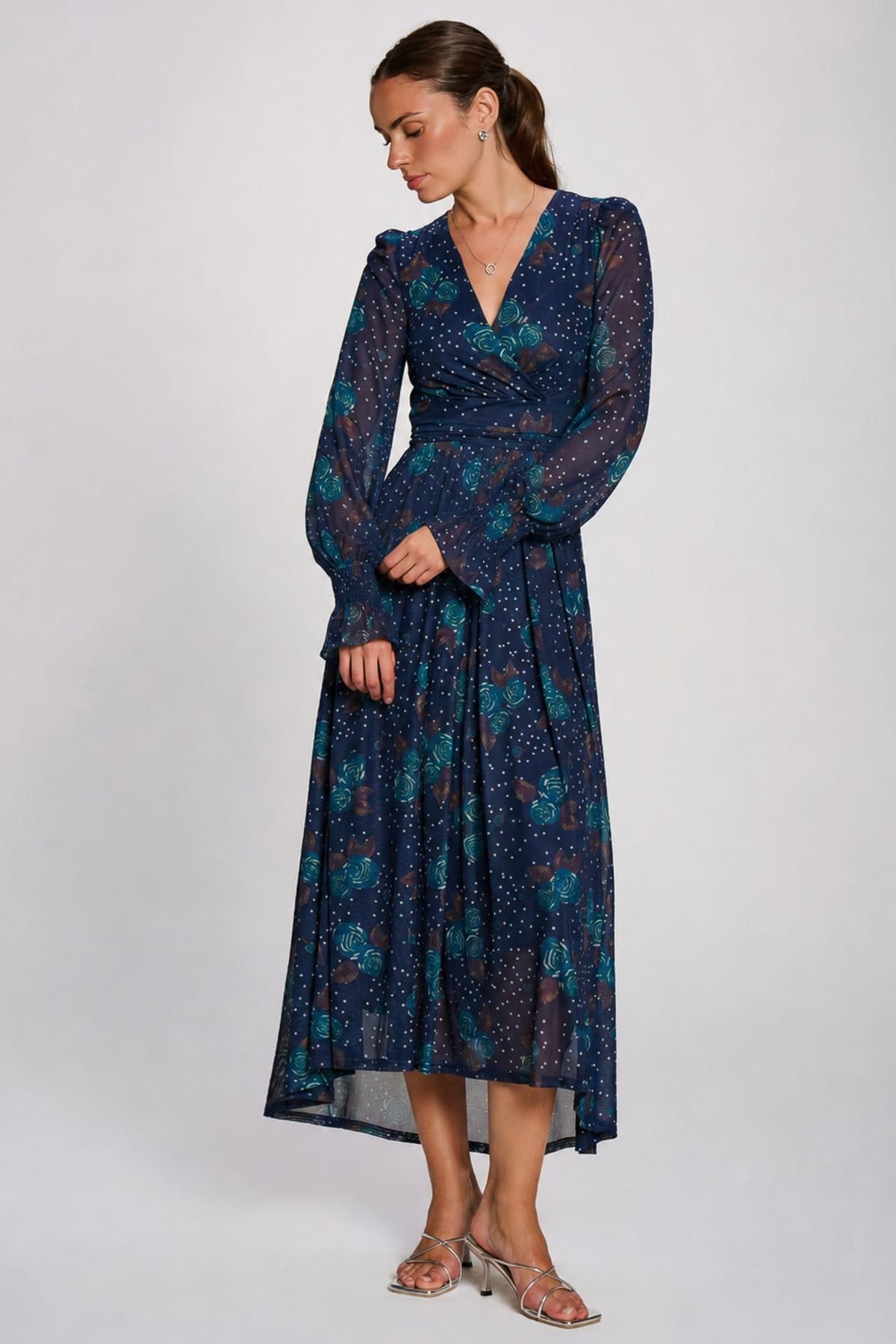 Jolie Moi Jolie Moi Women's Long Sleeve Maxi Mesh Dress in Mid Navy - 4