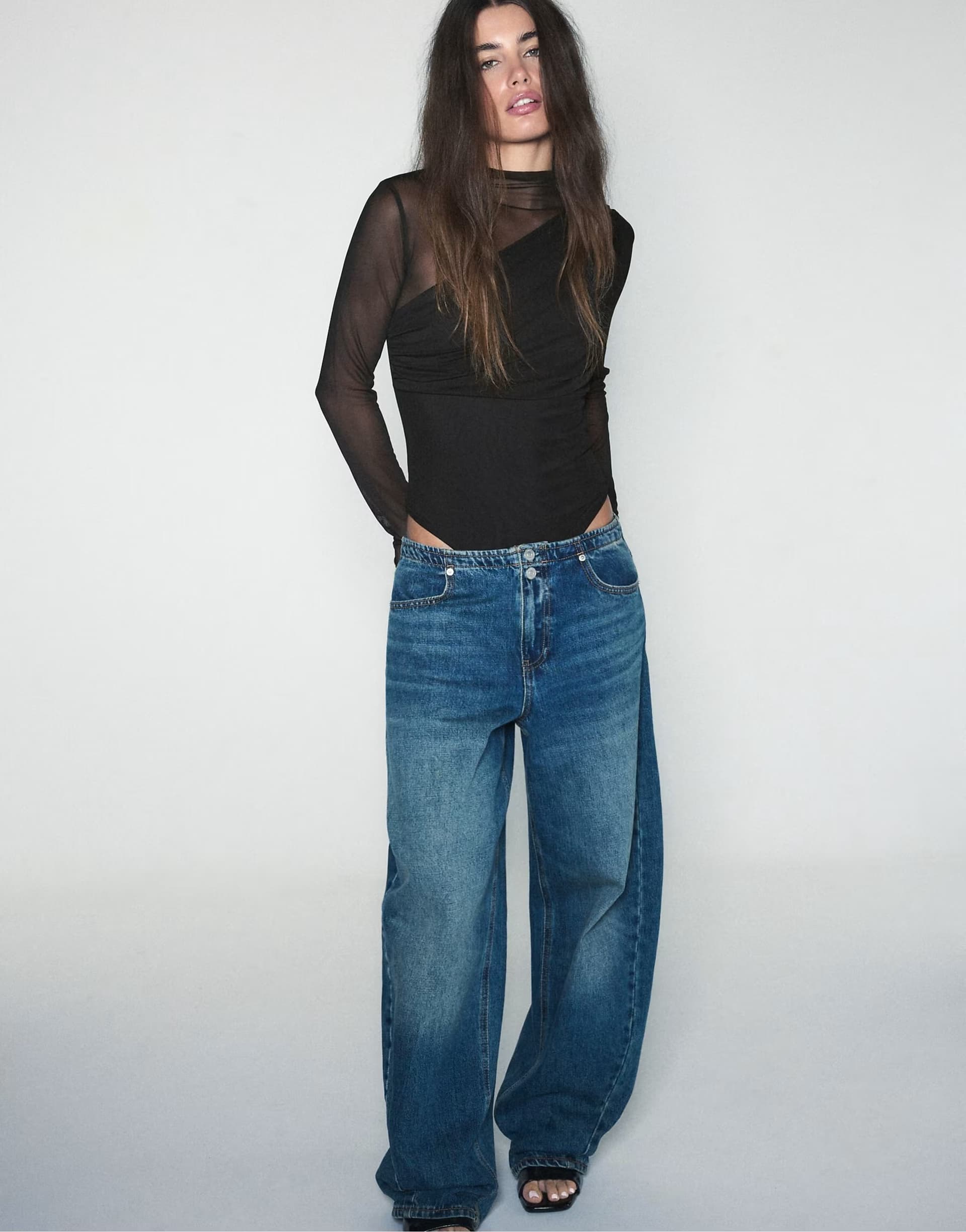 ASOS Stradivarius Draped mesh long sleeve bodysuit in black