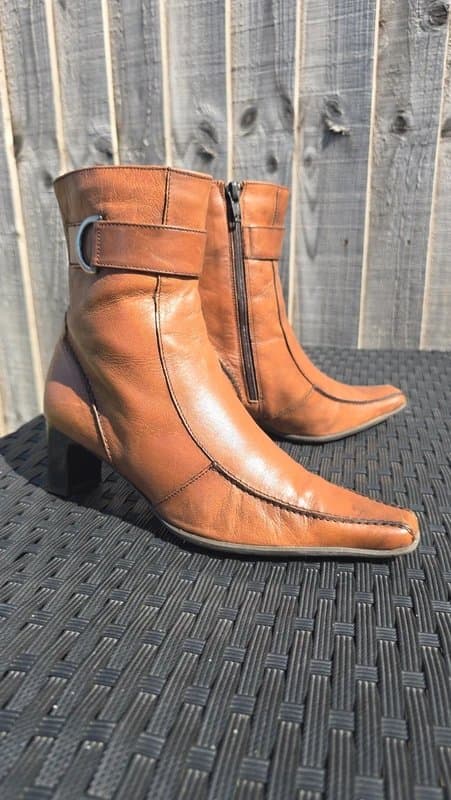 Principles 90s Vintage Cognac Leather Square Toe Boots  Boho Block Heel UK 3/36