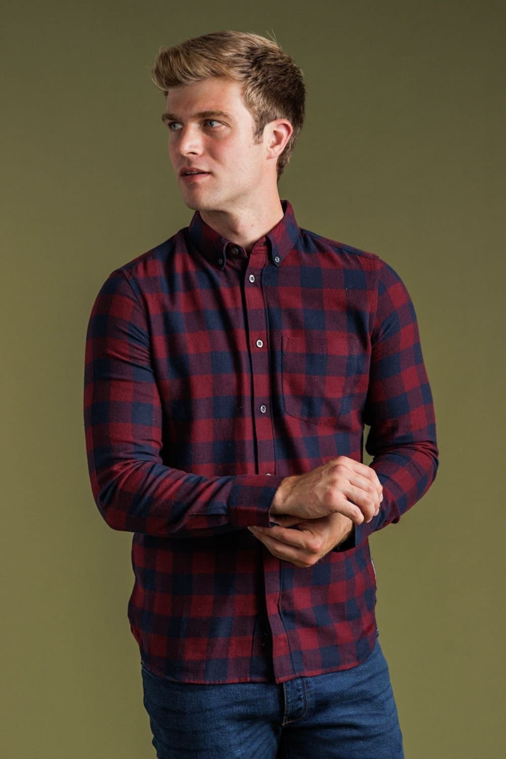 French Connection French Connection Men's Cotton Large Gingham Flannel Long Sleeve Shirt in Wine