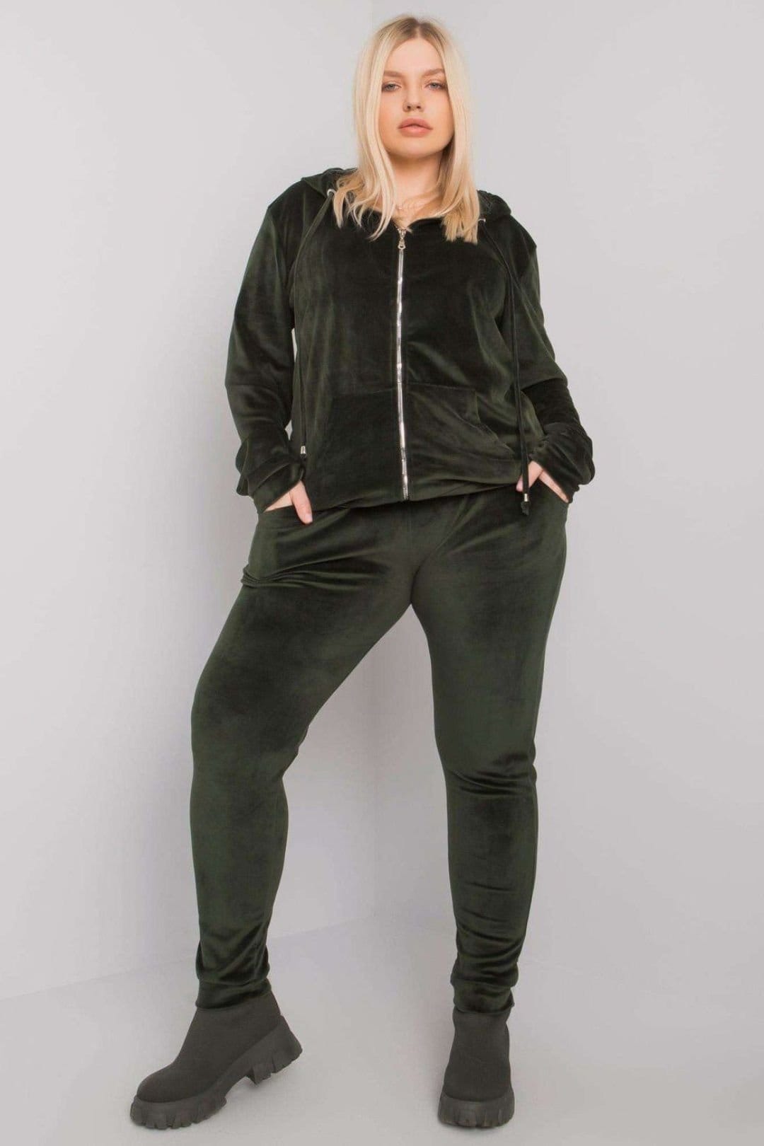 Love Lace Green Velour Zip Hoodie Pant Set for Plus Size