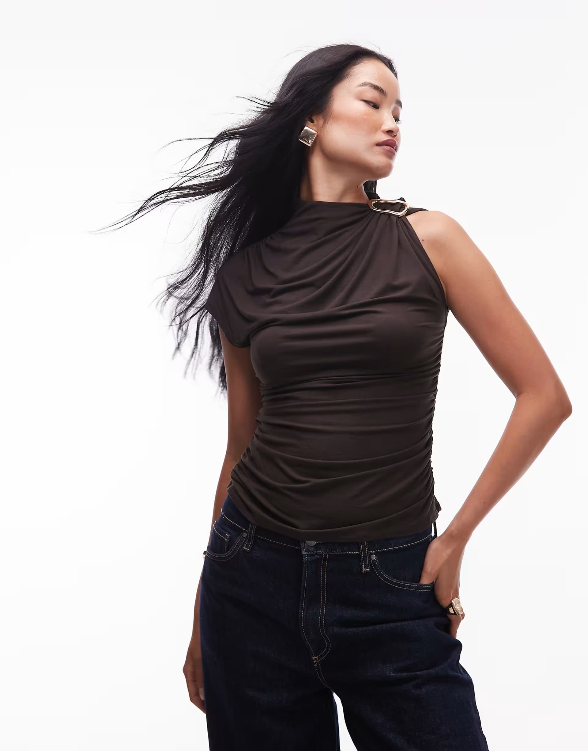 ASOS & Other Stories drape top in brown with removable gold metal clasp