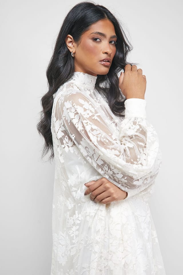 Warehouse Warehouse Women's Lace High Neck Smock Midi Dress in Cream - 2