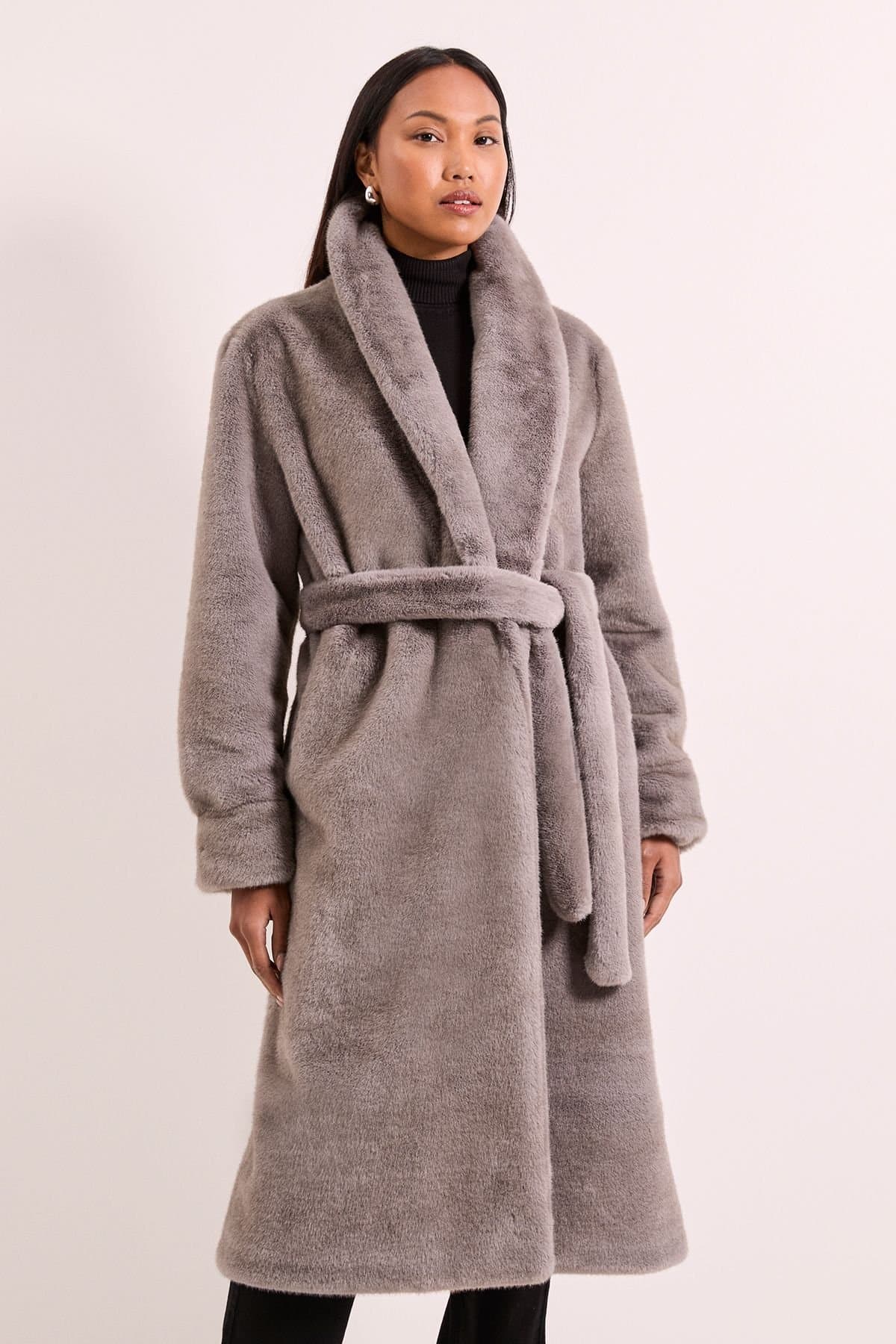 Principles Principles Women's Faux Fur Long Coat in Grey