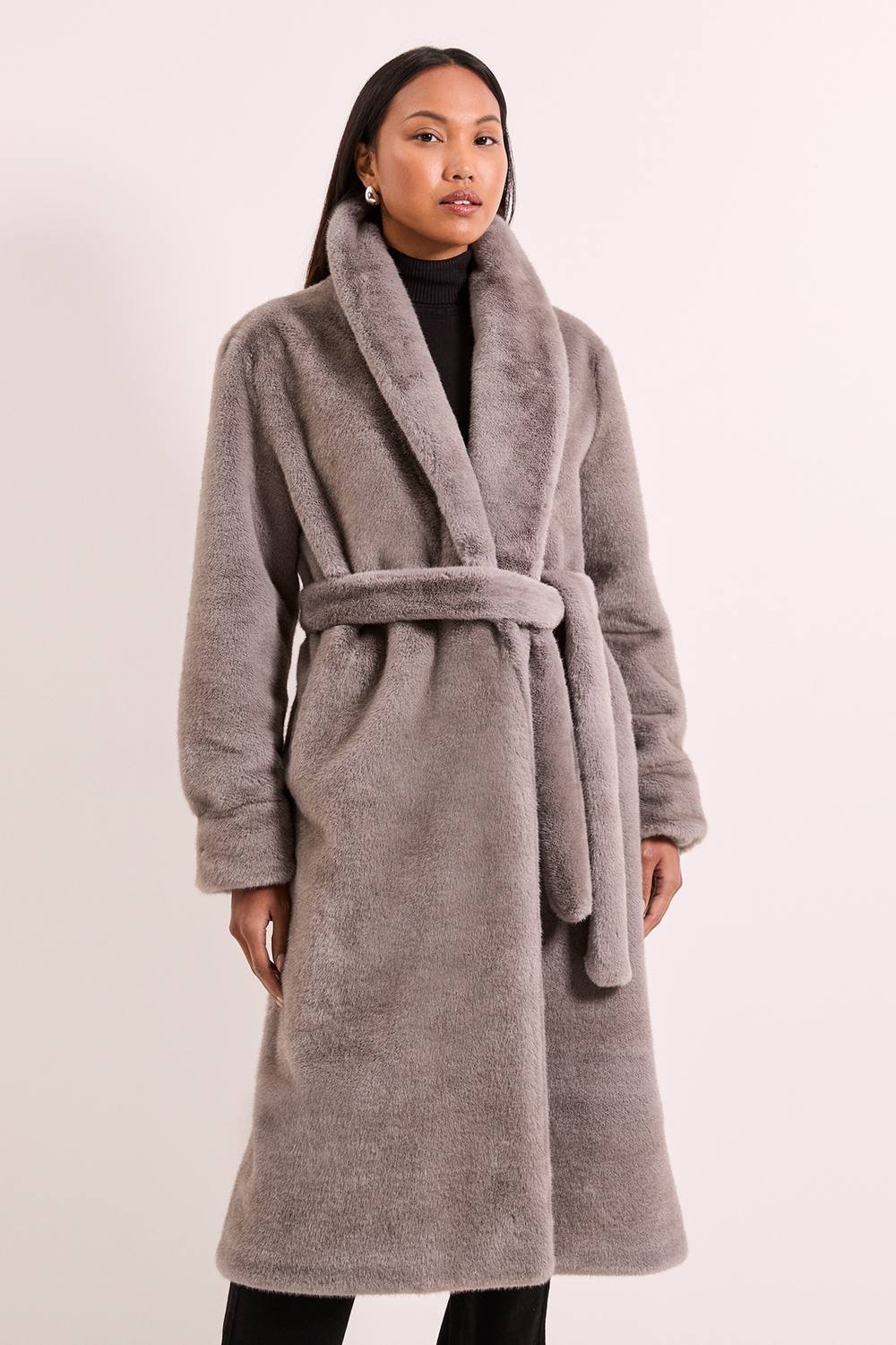 Principles Principles Women's Faux Fur Long Coat in Grey - 2