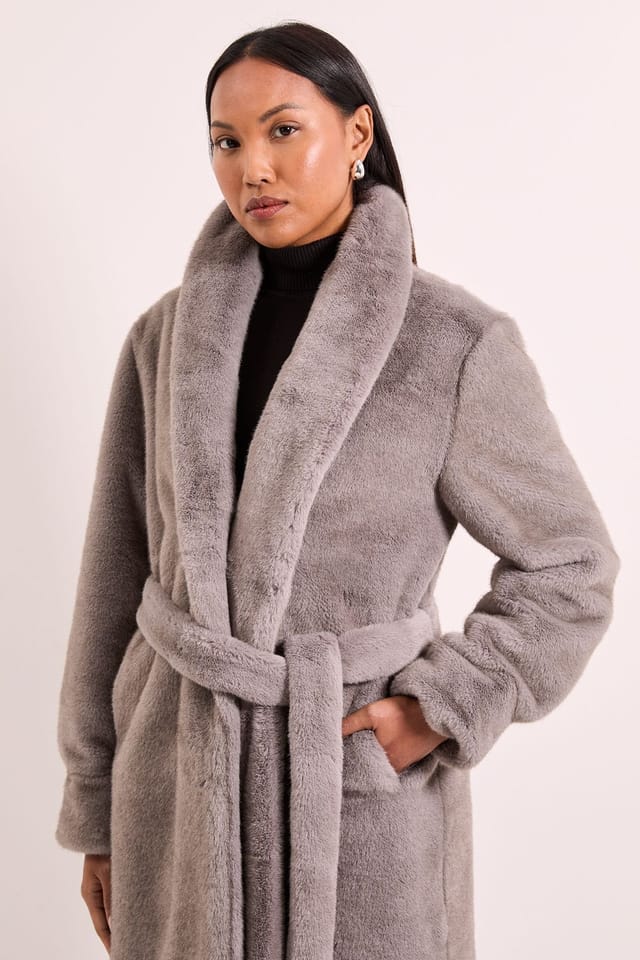 Principles Principles Women's Faux Fur Long Coat in Grey - 2