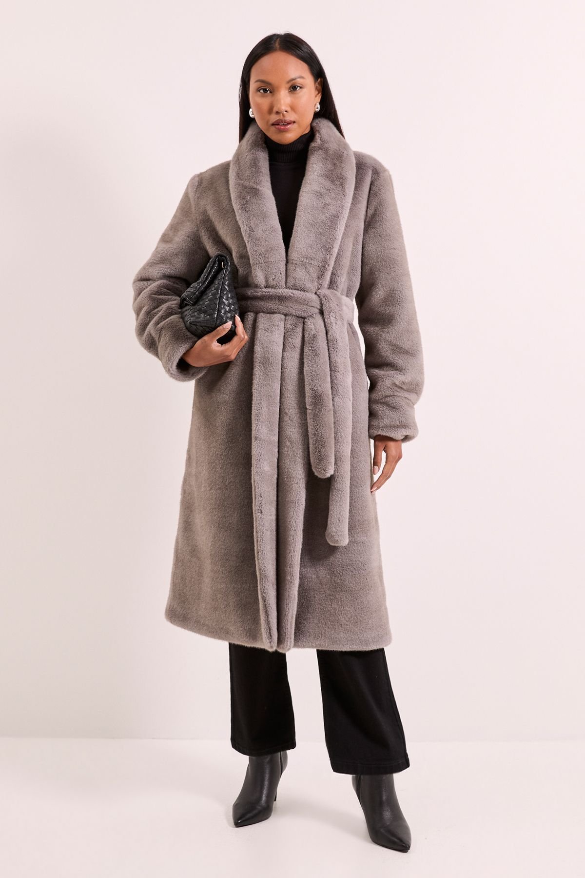Principles Principles Women's Faux Fur Long Coat in Grey - 4