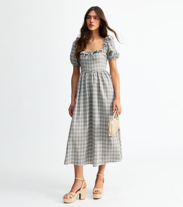 New Look Women's Green Checked Corset Bodice Midi Dress New Look - 3