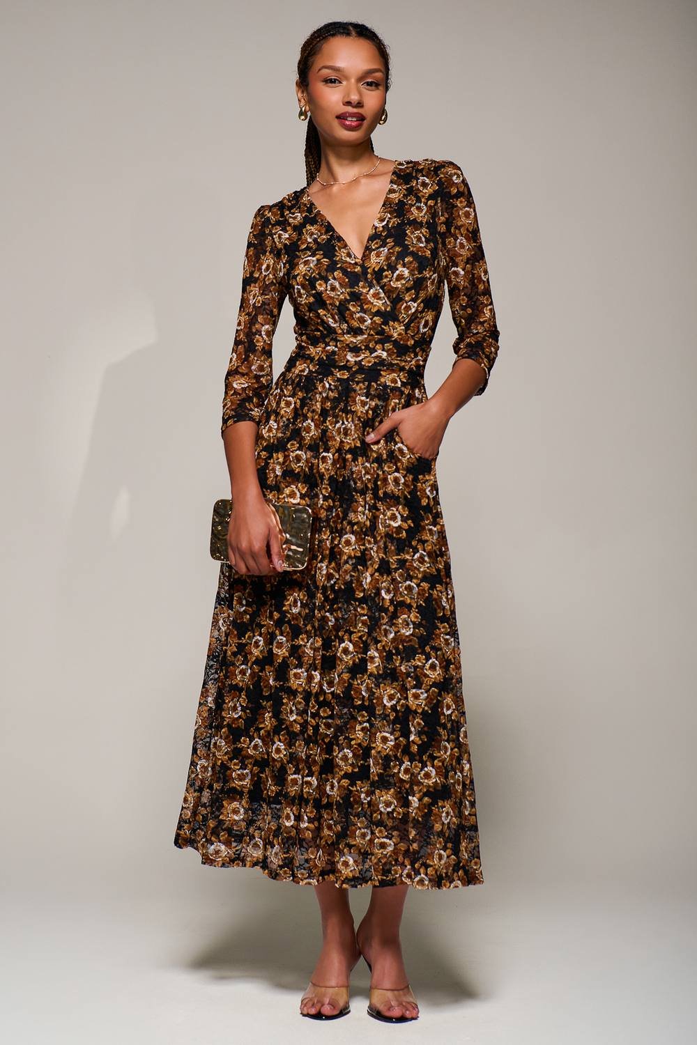 Jolie Moi Jolie Moi Women's Three Quarter Sleeve Printed Lace Maxi Dress in Black - 2