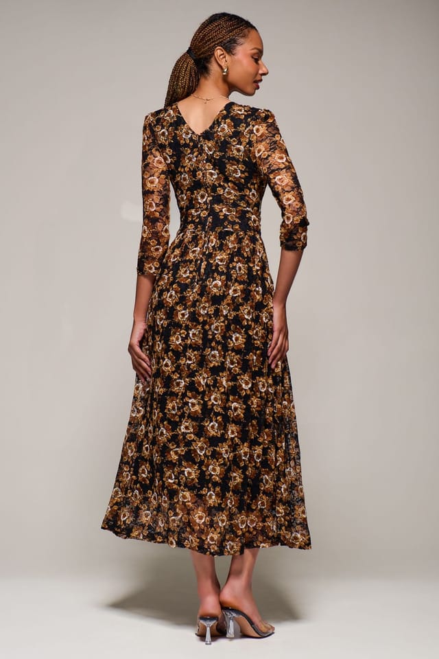 Jolie Moi Jolie Moi Women's Three Quarter Sleeve Printed Lace Maxi Dress in Black - 2
