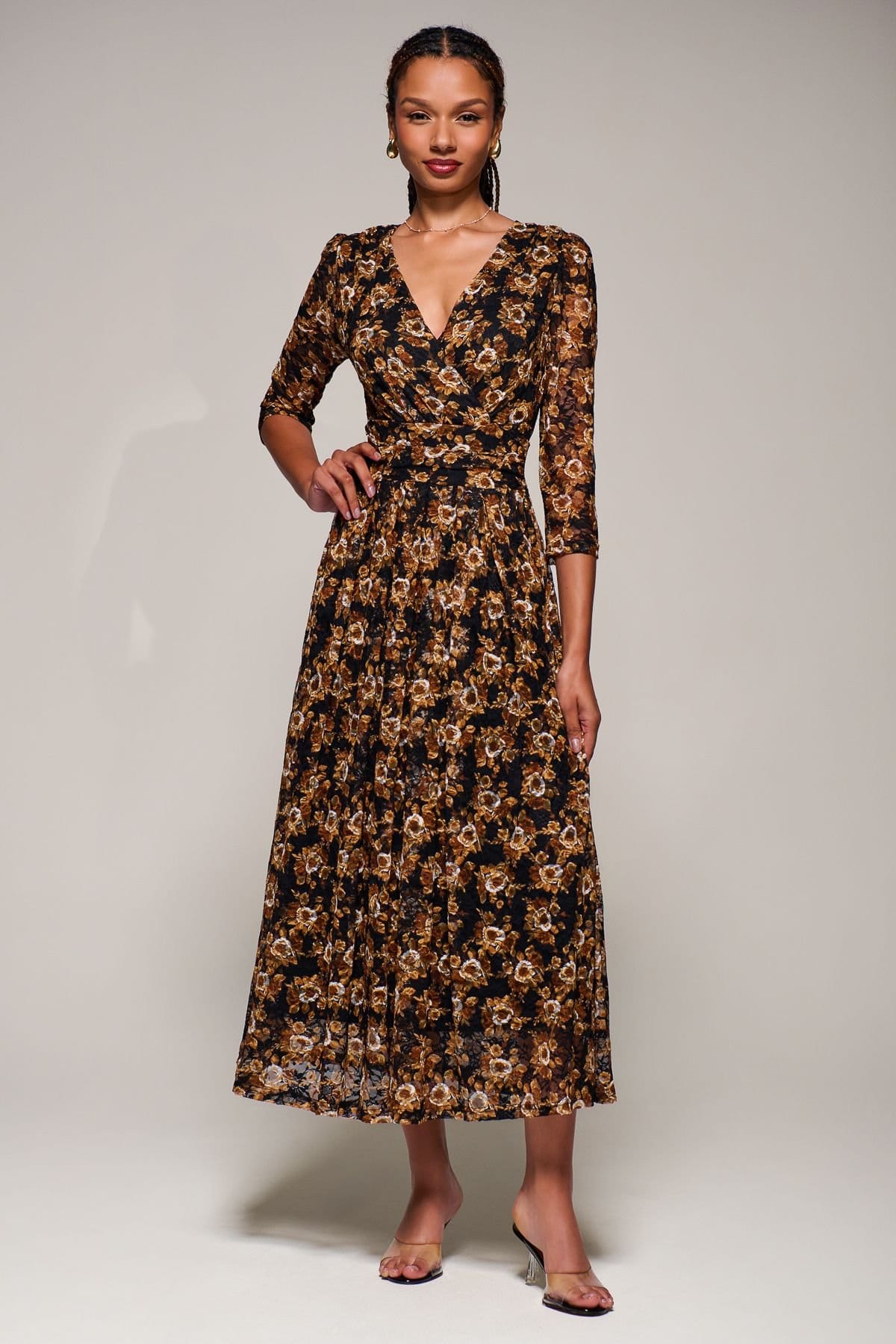 Jolie Moi Jolie Moi Women's Three Quarter Sleeve Printed Lace Maxi Dress in Black - 4