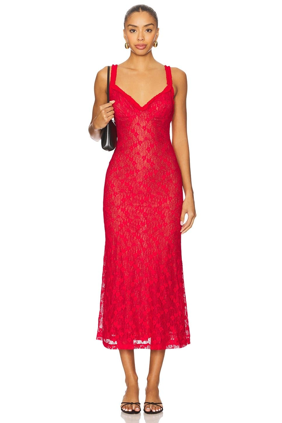 revolve Revolve Bardot Stretch Lace Midi Dress in Fire Red