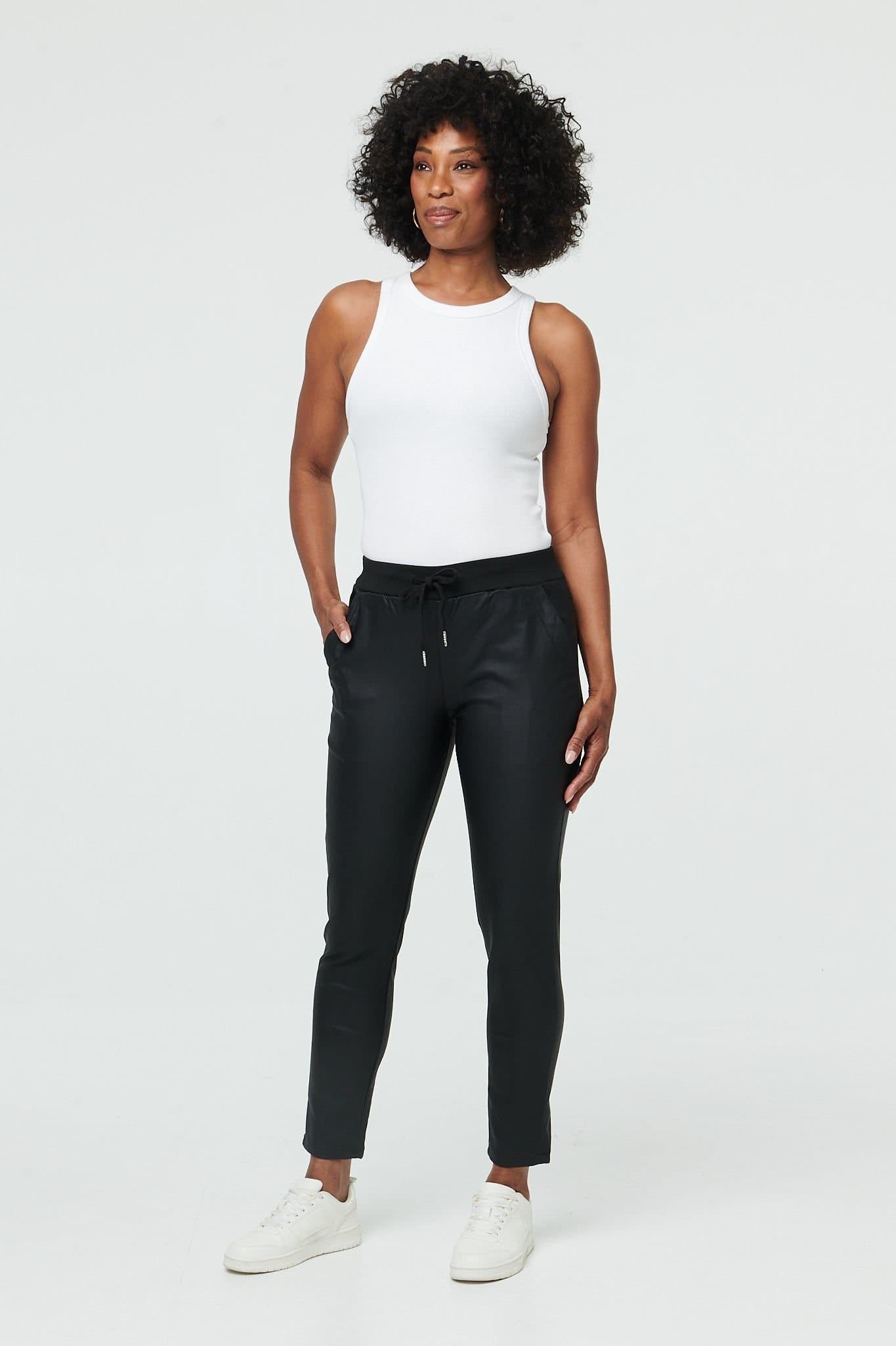 Izabel London Izabel London Women's Faux Leather Tie Waist Slim Trousers in Black