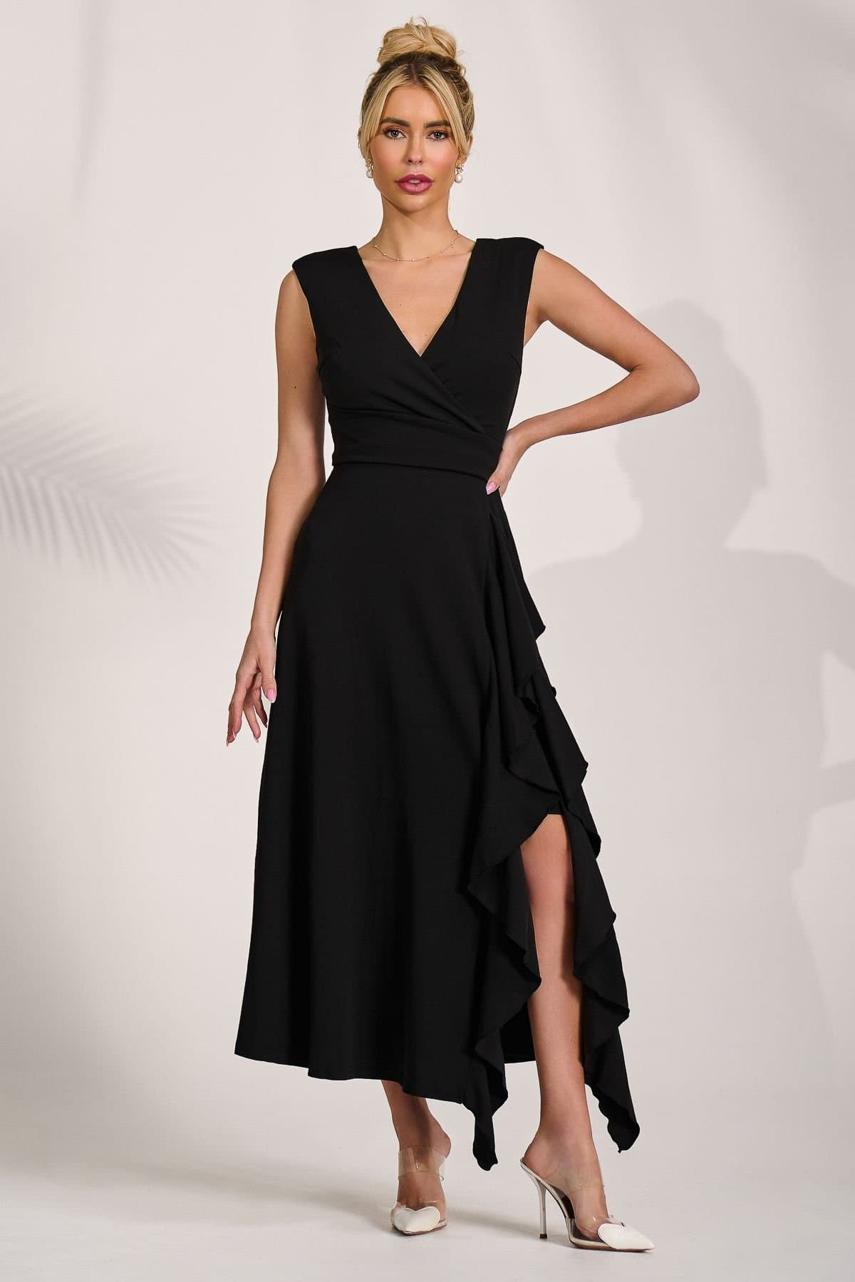 Jolie Moi Jolie Moi Women's Frill Detail Wrap Sleeveless Maxi Dres in Black